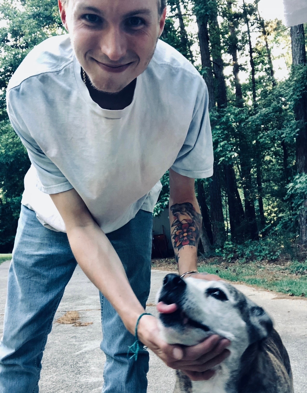 Stone with a dog outside