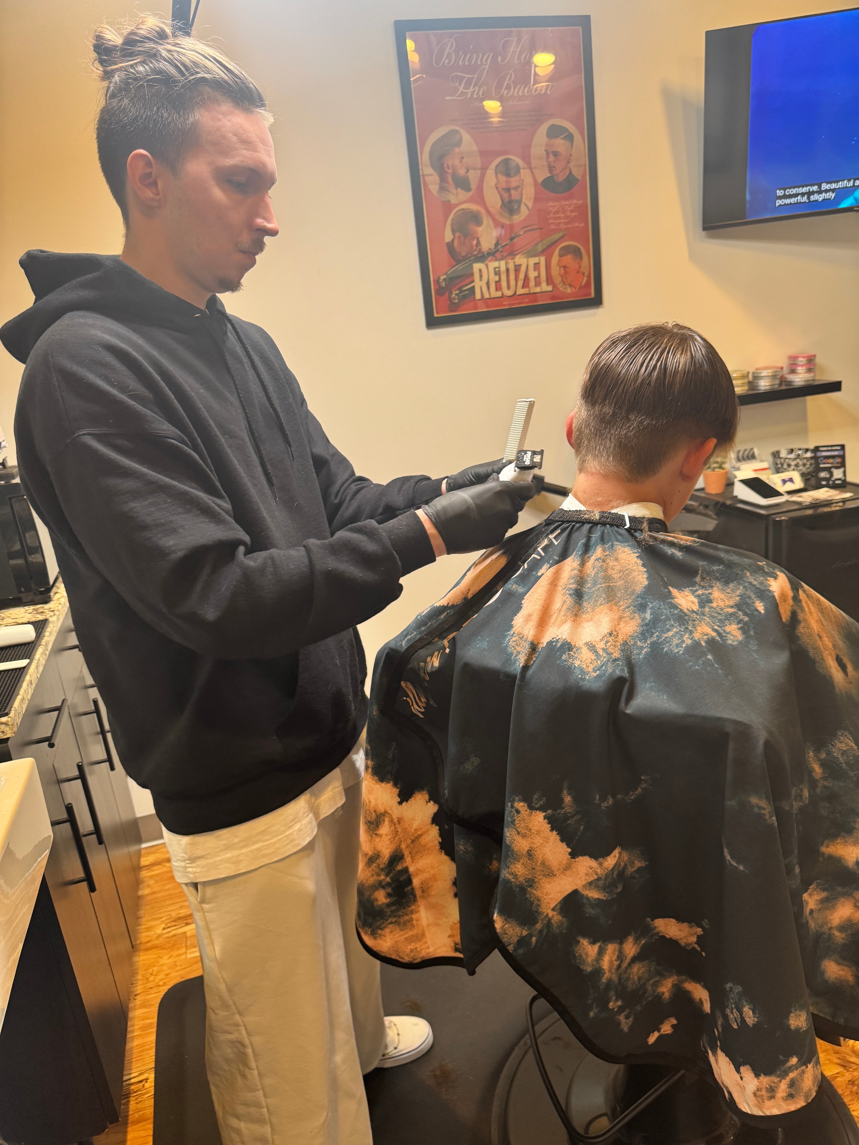 Stone combing through a fresh cut at Pat's Parlor