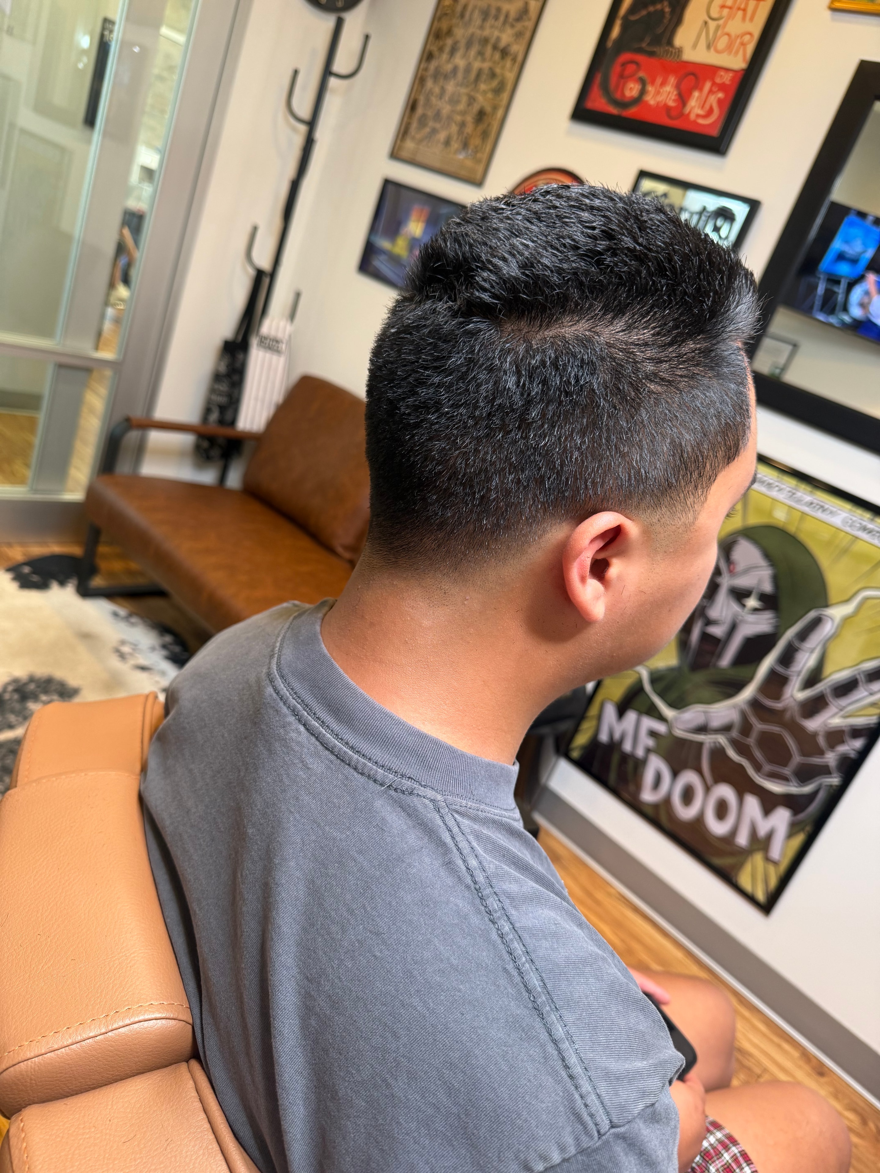 Low fade with textured top at Pat's Parlor